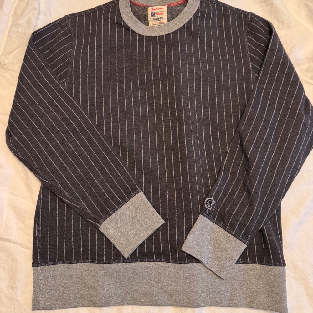 Todd Snyder Champion Men's Black and Gray Striped Wool Sweater